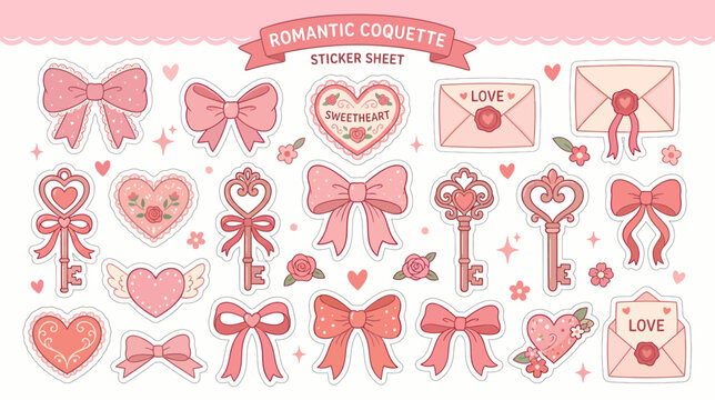 Cute Pink Valentine's Day Sticker Sheet with Hearts, Bows, Keys & Envelopes