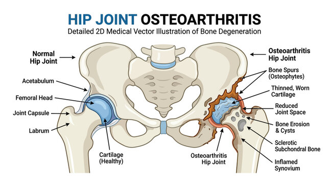 Hip Joint Osteoarthritis Medical Illustration: Healthy vs Degenerated Bone