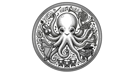 Detailed octopus illustration on coin. © Tia