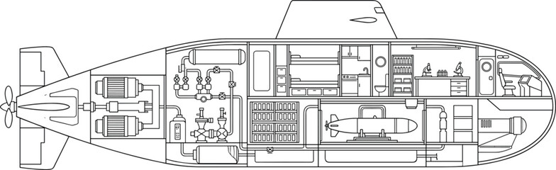 Submarine Cutaway Technical Blueprint with Interior Layout and Engineering Line Drawing Illustration © MdHaberar