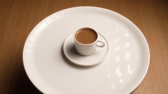 Freshly prepared Turkish coffee with foam served in a white cup and saucer on a wooden table