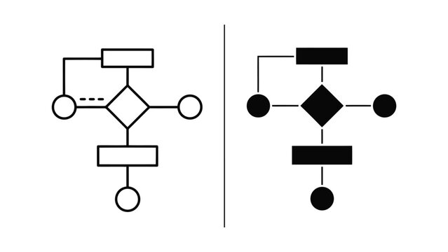 Flowchart diagram symbols representing logic process steps in a minimalist black and white style