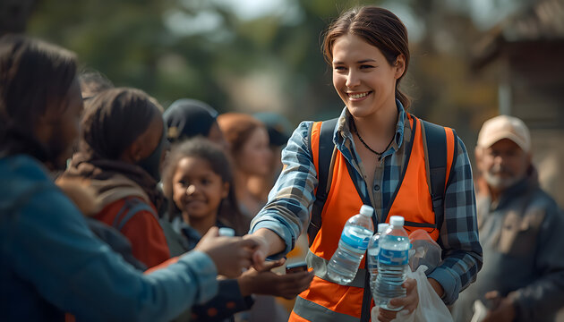Smiling female volunteer distributing bottles of clean drinking water to people in need