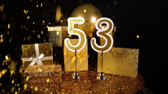 Gold Number 53 with Gold Glitter Confetti Sparkles with Gifts and Balloons for Party Fifty Three