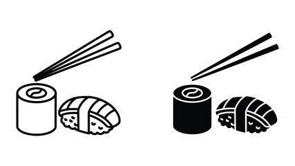 Minimalist Sushi Roll and Nigiri Icon Set with Chopsticks in Outline and Solid Vector Style © Zexo