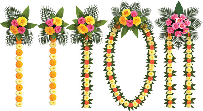 Indian Wedding Flower Garland Set with Marigold Toran and Rose Bouquets for Diwali Festival Pooja and Traditional Marriage Door Decoration Vector
