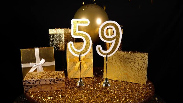 Gold Number 59 with Gold Glitter Confetti Sparkles with Gifts and Balloons for Party Fifty Nine