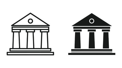 Fototapeta premium Bank building icon set featuring classical architecture with columns in outline and solid styles