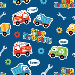 Fototapeta premium This playful pattern showcases cartoon transport vehicles like trucks and fire engines, bursting with energy and cheer, a perfect fit for children's products and playful designs.