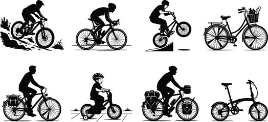 Obraz premium Bicycle Silhouette Collection Featuring Mountain Road BMX City Touring Folding and Kids Bikes with Cyclists