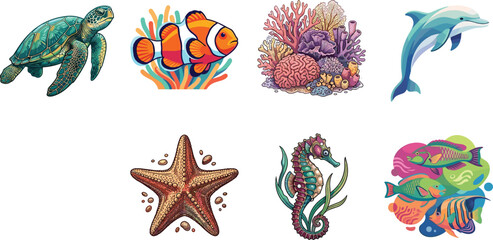 Obraz premium Colorful Marine Life Illustration Set with Sea Turtle Clownfish Coral Dolphin and Seahorse
