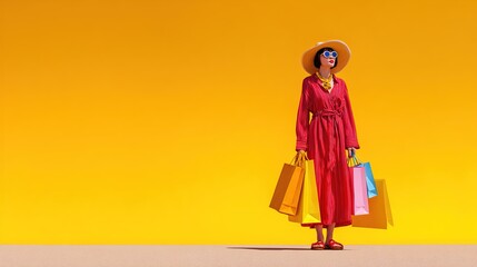 Fototapeta premium Stylish Woman in Red Outfit with Shopping Bags