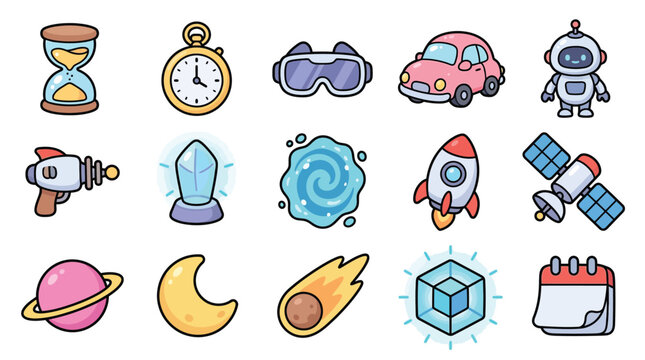 Collection of cartoon icons representing various concepts like time, technology, and space exploration.