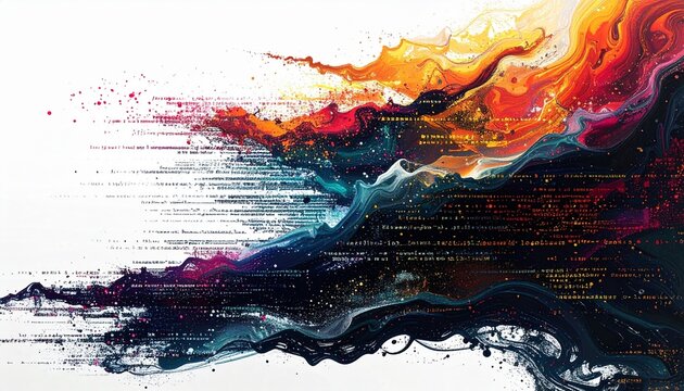 Abstract digital background with fluid colorful paint swirls mixed with binary code data stream for technology and communication concepts.