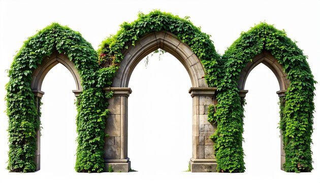 Beautiful stone gothic arches adorned with lush green ivy leaves isolated on a plain white background for garden and landscape design.