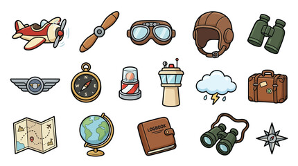 Collection of vintage aviation and travel icons, including an airplane, propeller, goggles, helmet, binoculars, and map. © geira