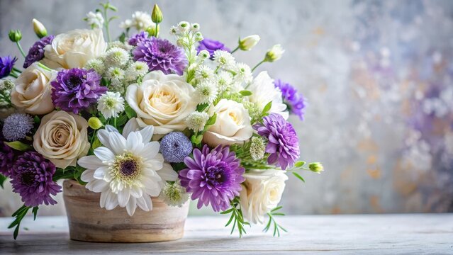 Florales de ramo con flores blancas y violetas en armon?a natural