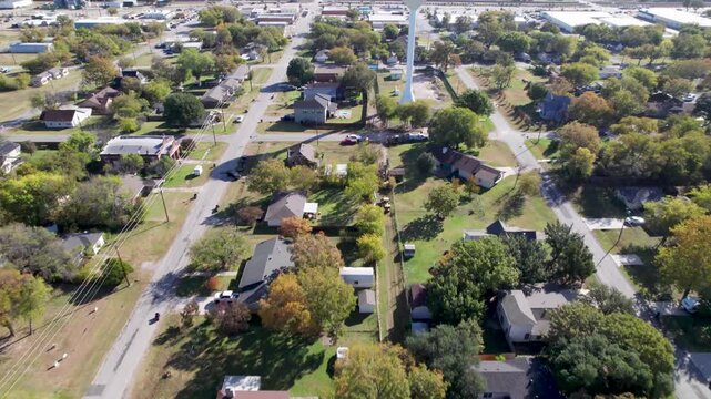 Aerial video of houses in the town of Justin, Texas