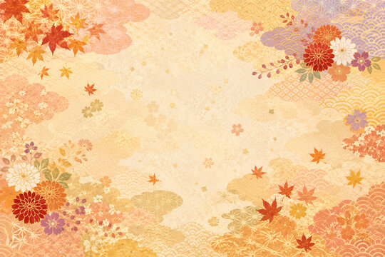 紅葉と菊が彩る秋の和柄背景　和風デザイン素材