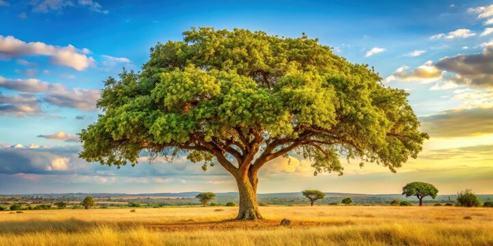 Mature Shea Tree in savannah landscape with golden brown nuts and leaves