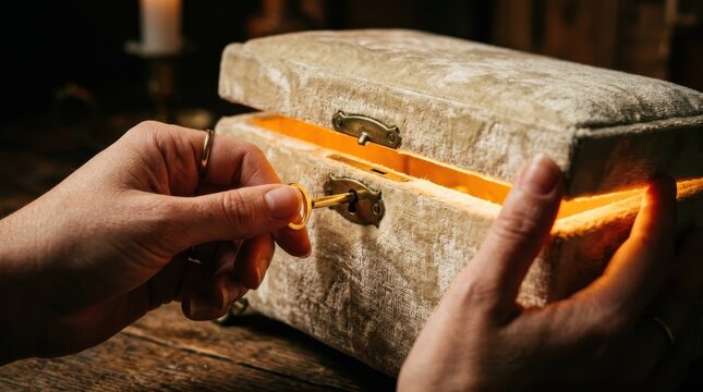 Unlocking a glowing velvet box revealing hidden secrets and mysterious light inside