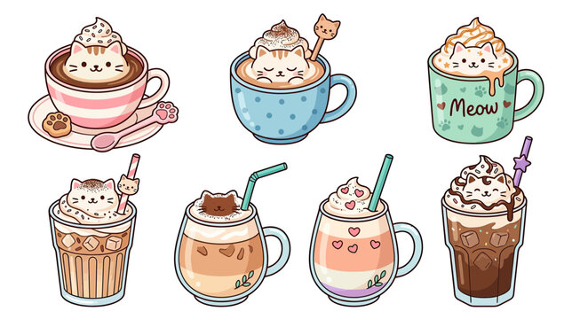 Cute Kawaii Cat Coffee Drinks Collection - Mochas, Lattes, Frappes