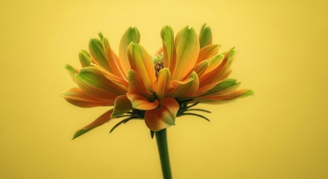Closeup of vibrant orange and green flower with yellow background petals
