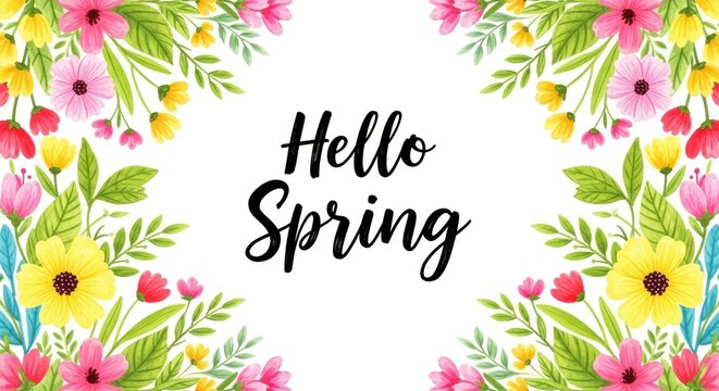 Colorful floral border with hello spring text in the center flowers yellow pink