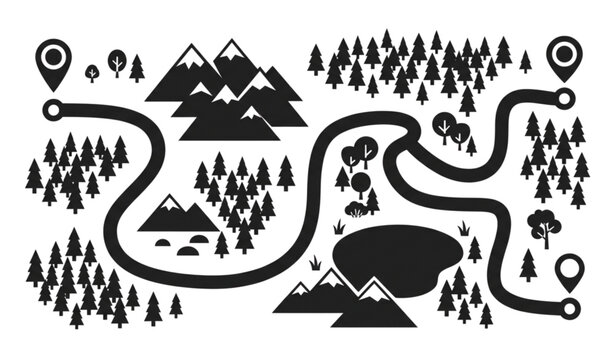 Cartoon Hiking Trail Map with Mountains Lake and Forest Route Flat Vector Illustration