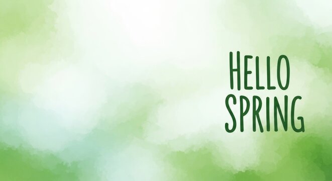 Green and white watercolor background with hello spring text