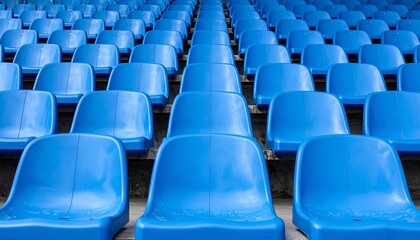 Obraz premium Rows of empty bright blue stadium seats arranged in a pattern creating a vibrant visual background for sports events and public gatherings.