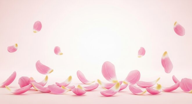 Pink and yellow flower petals floating and scattered on a light pink background