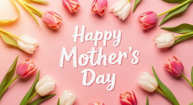 Pink background with white and pink tulips and happy mothers day text white tulips green leaves