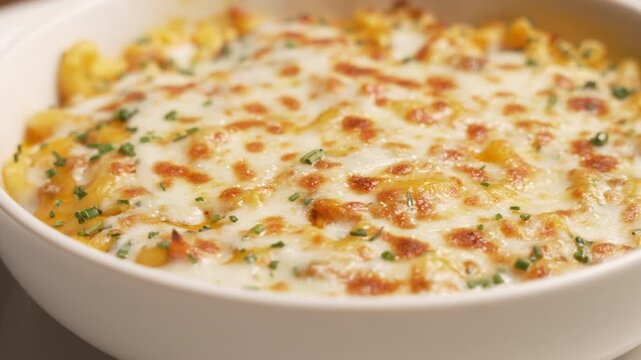Cheesy macaroni pasta with ground meat and herbs slowly rotating in a white bowl
