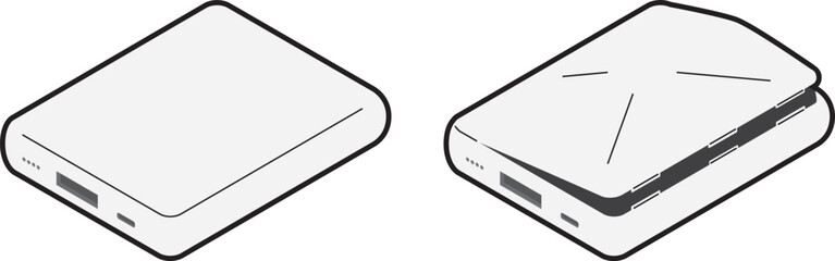 通常と膨らんだモバイルバッテリーのアイソメトリックイラスト（主線あり） © yotsuda