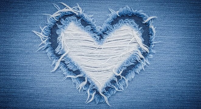 White frayed fabric heart shape on blue denim background