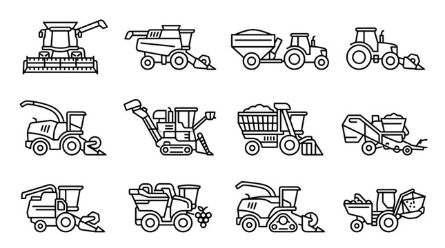 Collection of Farming Machinery Icons: Tractor, Combine Harvester, Baler, Sprayer