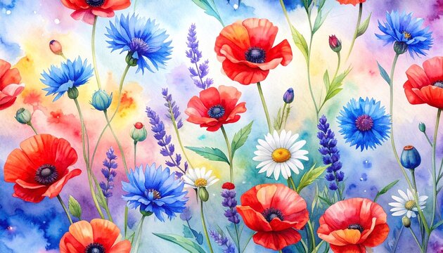 Beautiful watercolor painting of a summer meadow featuring red poppies blue cornflowers and white daisies against a vibrant colorful background.