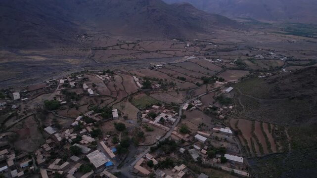 Aerial view of Zulam Kot village and surrounding farmland near Swat Kalam Motorway, Pakistan.