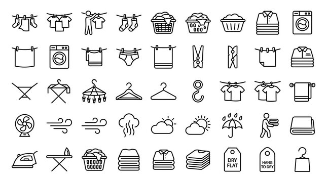 Laundry & Washing Icons: Clothesline, Washer, Iron, Hanger, Clothespin, Fan, Umbrella