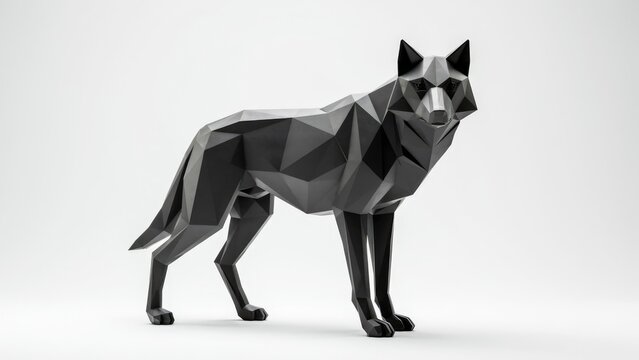 Modern black low poly wolf geometric sculpture isolated on white background