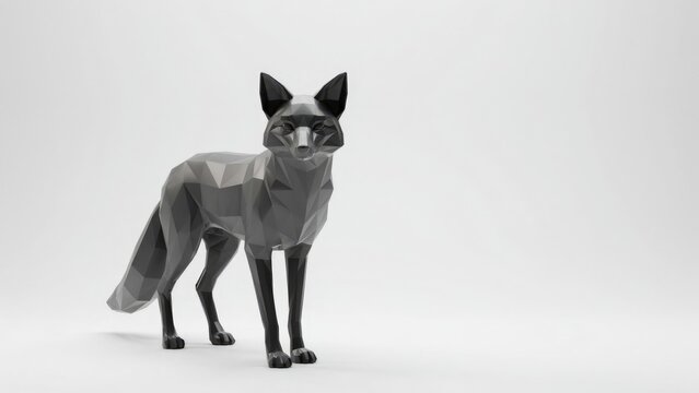 Modern black low poly fox geometric sculpture isolated on white background