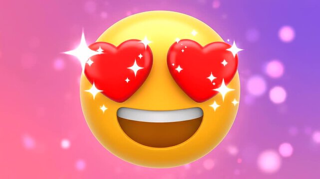 Emoji morphing wide view from neutral smile into heart-eyes expression, pink background sparkle accents love reaction, positive feedback, social media engagement, dating app, message response media