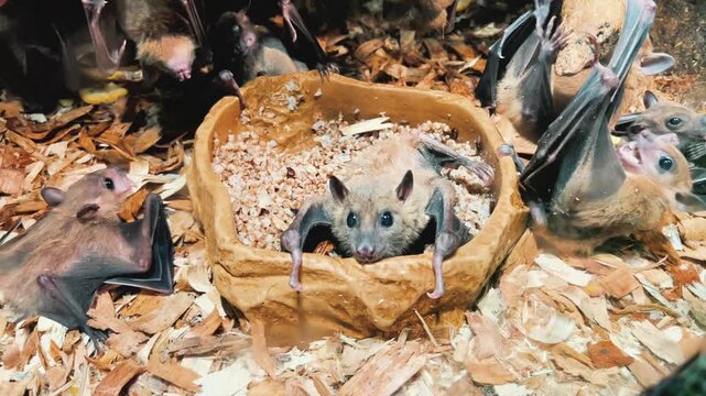 Several fruit bats gather to eat food from a small bowl. Suitable for wildlife documentaries, zoological promos, educational science channels, and nature blogs.