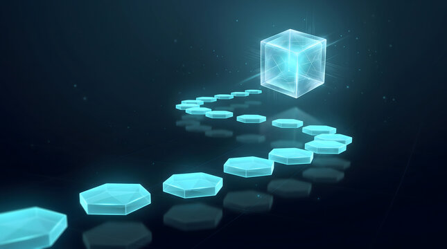 Floating cyan stepping stones leading to glass cube symbolizing product roadmap and planning system.