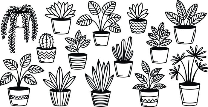 Potted Houseplants and Greenery Doodle Icon Set Featuring Hanging Vines Cactus Succulents Ferns and Leafy Indoor Plants Vector Outline Illustrations for Coloring Book Designs
