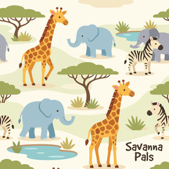 Obraz premium This lively illustration features adorable giraffes, elephants, and zebras amidst a vibrant savanna landscape, capturing the essence of wildlife in a playful art style.