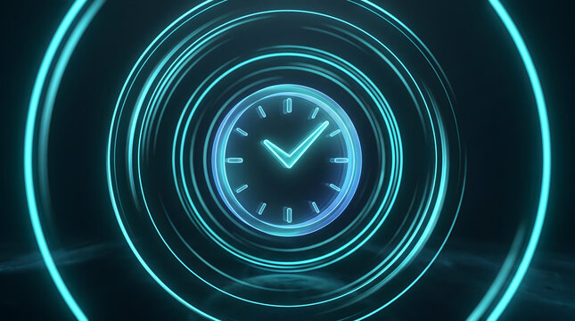 Glowing clock icons inside rotating cyan rings, showing productivity timing and business efficiency.