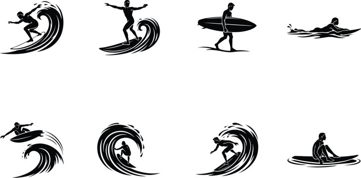 Extreme Surfing Silhouette Collection Featuring Surfers Riding Ocean Waves Vector Illustration Isolated on White Background for Adventure Designs