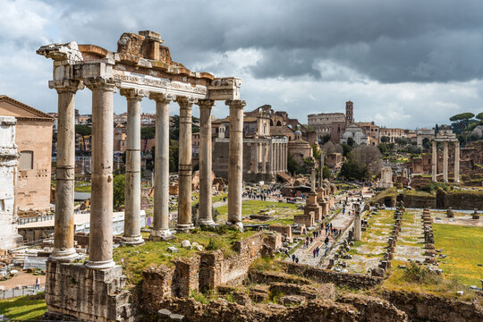 The Roman Forum with the Temple of Saturn, Rome, Italy